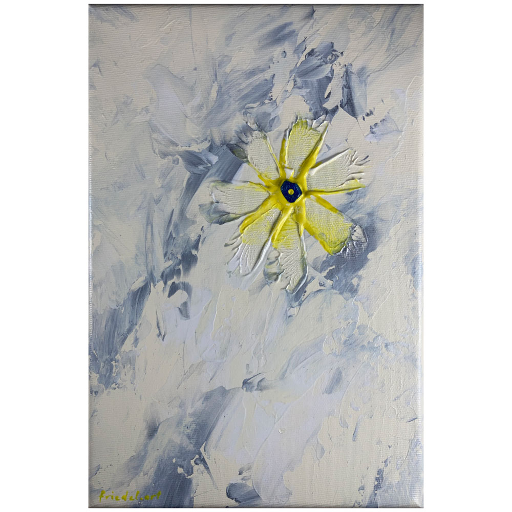 Abstraktes Acrylbild in elfenbein-silber-Tönen mit gelbem Zentrum, das die Wirkung von Vereinfachung und Struktur betont.