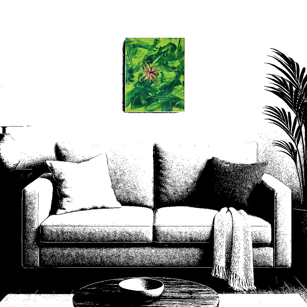 Abstraktes handgemaltes Acrylbild auf Leinwand mit Chromdiopsid in einem KI-generierten eingerichteten Wohnzimmer.