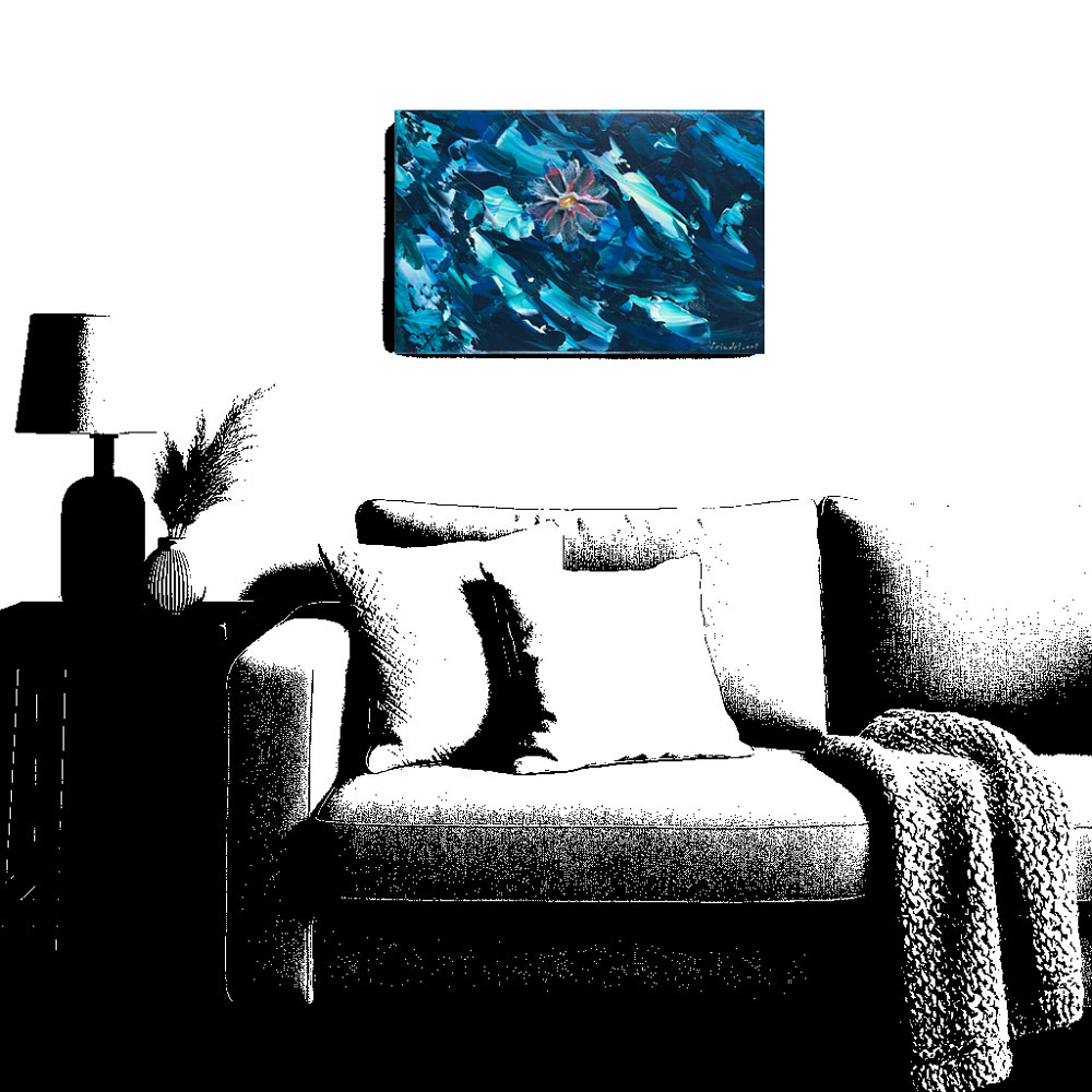 Abstraktes handgemaltes Wandbild in Blau mit Blume über einem Sofa – einzigartige Kunst auf Leinwand kaufen