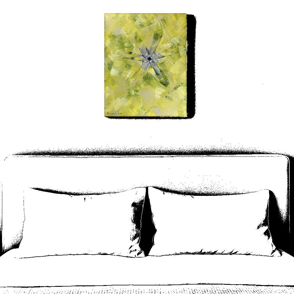 Abstraktes gelbes Bild über dem Bett in einem Schlafzimmer, dargestellt in einer reduzierten Schwarzweißumgebung.