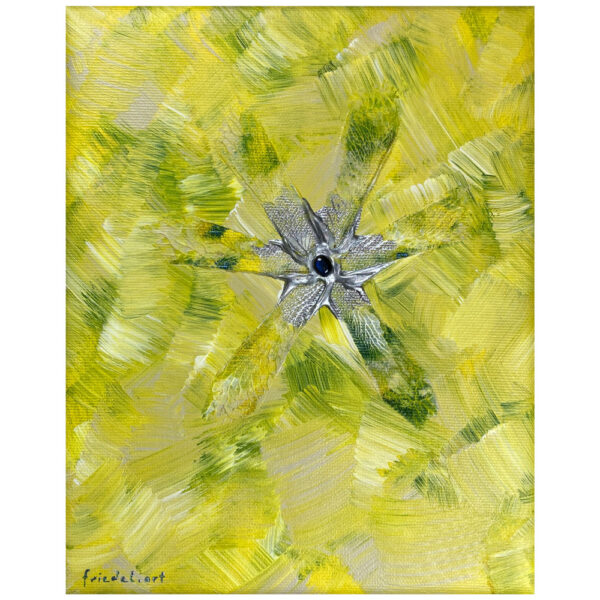 Modernes abstraktes Bild auf Leinwand - Ein 20 x 25 cm großes handgemaltes Acrylbild mit Labradorit Schmuckstein