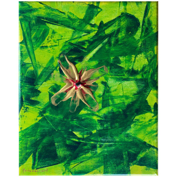 Handgemalte Acrylbilder auf Leinwand abstrakt - Ein grünes 20 x 25 cm großes Kunstbild mit goldfarbener Blüte und Chromdiopsid