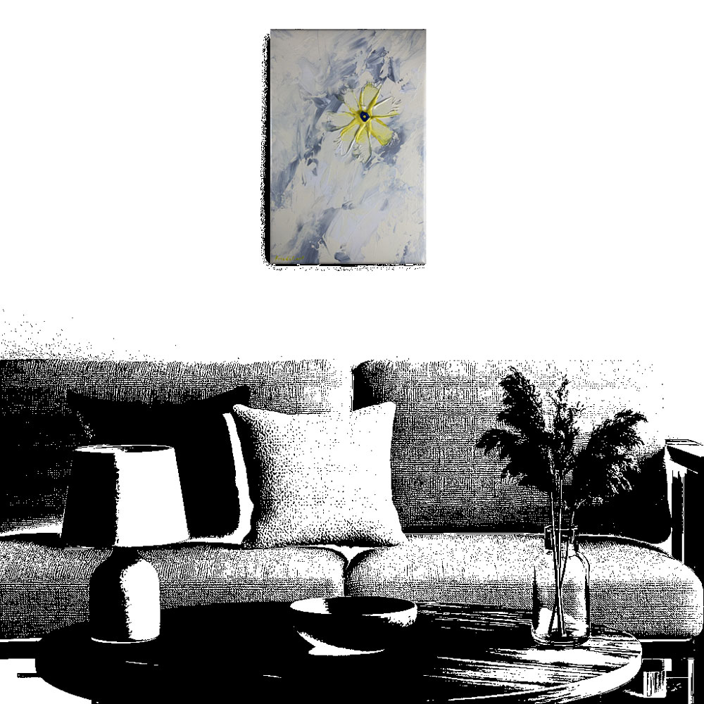 Elfenbeinfarbenes Acrylbild im modernen Ambiente eines Wohnzimmers